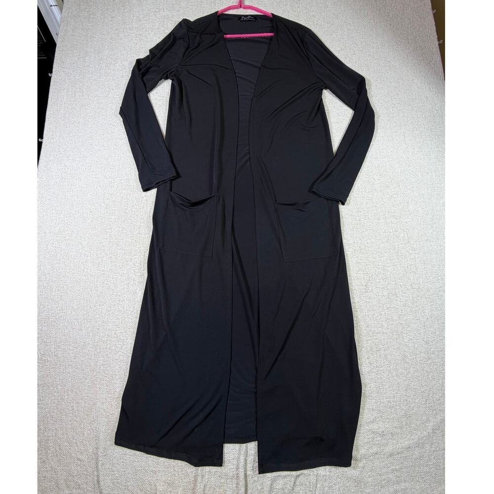 Brigitte Brianna Women's Large Black Longline Duster Open Cardigan Minimalist